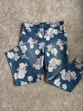 HUE Blue Floral Skinny Jeans with Pink & White Blooms